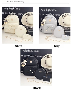 Three-piece women's bow backpack set in white, grey, and black leather with bear charms