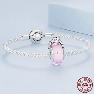 Pink cat charm on S925 silver mesh bracelet with Forever Family engraved clasp