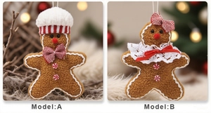 Detail view of Model A and B gingerbread man ornaments with chef hat and lace bow
