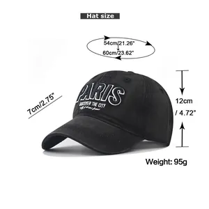 Detailed size chart for washed cotton baseball cap with Paris embroidery dimensions
