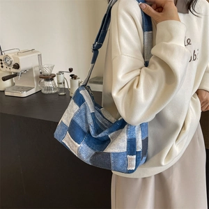 Sac À Épaule En Jean Patchwork Rétro Bloc De Couleur Fourre-Tout Grande Capacité Décontracté Pour Femmes