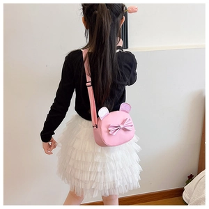Pink round crossbody bag with sequin bear ears and bow detail for little girls