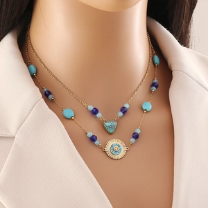 Vintage Turquoise Heart Layered Necklace Stainless Steel Gold Plated Beaded Chain Bohemian Jewelry For Women