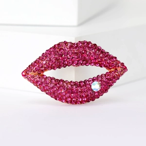 Creative alloy lip brooch with rose red rhinestones and crystal drop on white stand