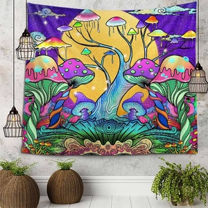 Détail d'une tapisserie murale psychédélique avec champignons colorés et œil mystique