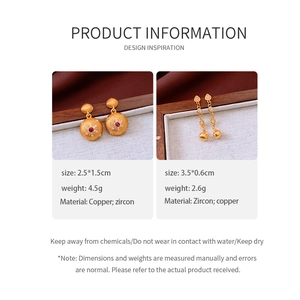 Detailed product card showing sizes and weights for gold-plated zircon pendant earrings