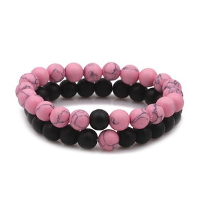 8mm Pink Turquoise and Matte Black Agate Distance Bracelets for Couples Set on White Background