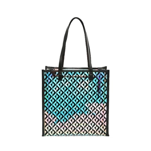 Holographic PU tote bag with black heart patterns and contrast trim for women
