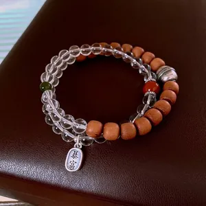 Double-wrap S925 silver bracelet with white crystal beads and sandalwood spheres