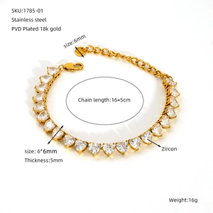 18k gold plated stainless steel heart zircon tennis bracelet with adjustable chain