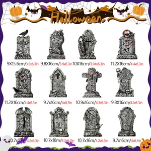 Detailed grid showing 12 Halloween tombstone magnets with specific size measurements in cm and in