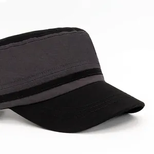 Men's vintage military flat top cap with black gray patchwork and wide curved brim