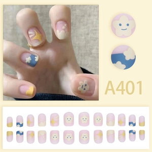 Cute cartoon cloud and smiley face press-on nails set in pink with 24 pieces for women