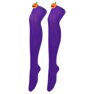 Detail of purple over-knee socks with festive orange pumpkin accents for Halloween