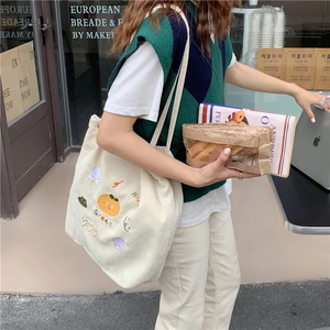 Sac fourre-tout en velours côtelé beige avec broderie orange mignonne pour femme
