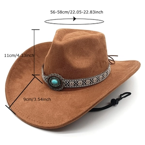 Brown western cowboy hat with turquoise ethnic band and adjustable chin strap