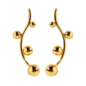 Minimalist gold streamline drop earrings with multiple polished metal spheres on white background