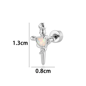 Polished silver heart opal cross sword earrings for women, dimensions 1.3cm by 0.8cm