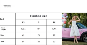 Detailed size chart table for French style backless white dress with size data and model photo