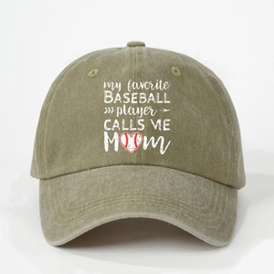Olive green washed canvas baseball cap featuring white heart print for baseball moms