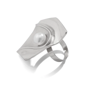 Detail of a large white pearl on a wide irregular silver pleated metal ring band