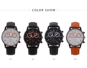 Detail view of four men's fashion quartz watches with leather straps and large numerals