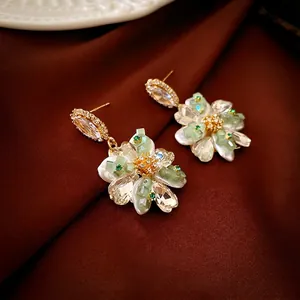 Floral Rhinestone Oval Stud Earrings With 925 Sterling Silver Earring Post Alloy Artificial Pearl Vintage Elegant Jewelry For Women