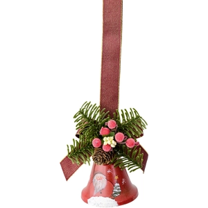 Christmas bell ornament with pine needles, cones and berries on a red silk ribbon
