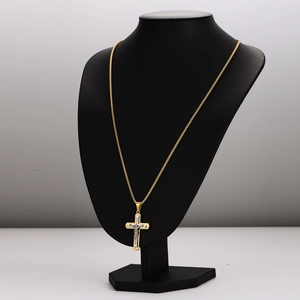 Vintage retro cross pendant necklace with gold chain and silver Jesus figure on black bust
