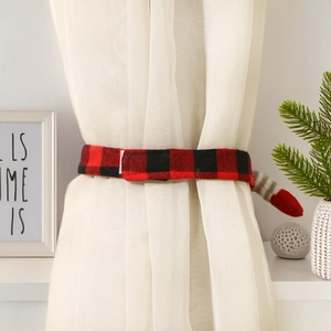 Christmas gnome curtain tieback with red and black buffalo plaid fabric for home decor