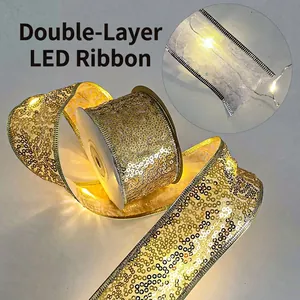 Golden sequin double-layered Christmas ribbon for LED light string tree decoration