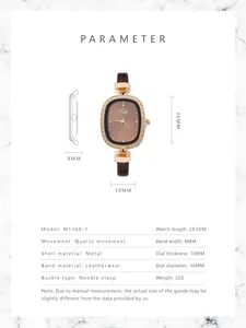 Detailed size chart for oval quartz watch featuring dial dimensions and leather strap length