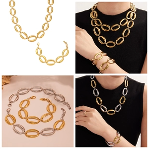 Polished 18k gold oval link chain necklace and bracelet set display on model