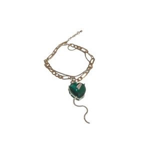 Double layered vintage heart necklace with green zircon pendant in silver finish
