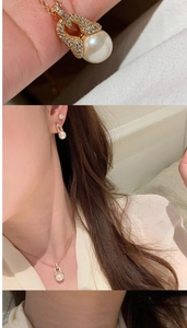 Macro detail of 18K gold plated pearl earrings and necklace set with sparkling zircons