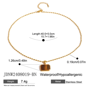Detailed dimensions of gold stainless steel necklace with brown tiger eye stone pendant