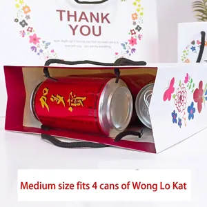 White gift paper bag with floral design and Thank You text holding two beverage cans