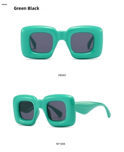 Front and 45-degree side views of futuristic green chunky polygonal sunglasses