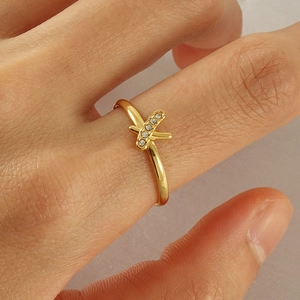 18K Gold Plated Stainless Steel X Shape Ring For Women Adjustable Criss Cross Open Ring With Cubic Zirconia Fashion