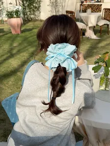 Detail of light blue lace scrunchie with ribbons worn in a braided hairstyle