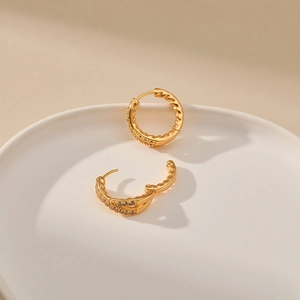 Minimalist 18K gold plated twisted hoop earrings with sparkling white cubic zirconia