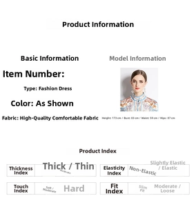 Size chart and technical details for the vintage floral print dress with stand collar