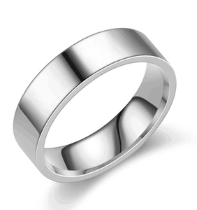 Close-up of high-polished silver titanium steel ring with minimalist flat band design