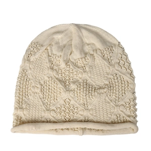 Beige breathable hollow-out knitted slouchy beanie hat for women in Japanese style