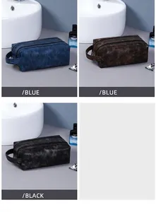 Three-color leather toiletry bags for men with double zippers and side carry handle