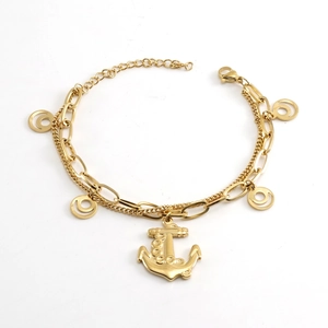 Double Layer Chain Bracelet With Anchor Pendant Circular Hollow Charms 18K Gold Plated Stainless Steel Nautical Jewelry