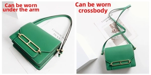 Borsa in pelle verde con fibbia dorata mostrata a spalla e a tracolla per donna