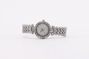 Detailed macro of silver watch with crystal bezel and shimmering mother of pearl dial