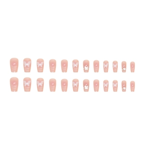 Cat eye press-on nails with butterfly and heart charms, 24 pieces set in ballet shape