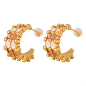 Gold-plated C-shaped earrings with pink and white enamel grid pattern for women